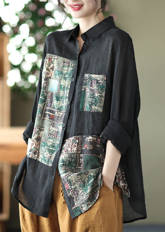 VCSHOES Black Peter Pan Collar Print Linen Shirt Long Sleeve