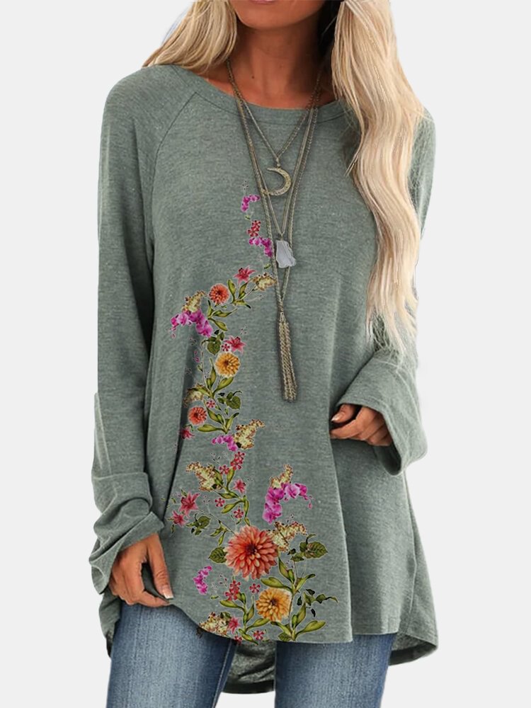 Vintage Floral Printed O neck Long Sleeve Pullover T shirt P1775901