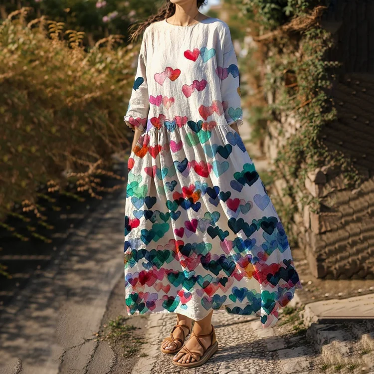 VChics Women's Heart Print Loose Cotton Linen Maxi Dress