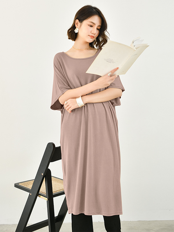 Casual Batwing Half Sleeves Solid Color Round-Neck Midi Dresses