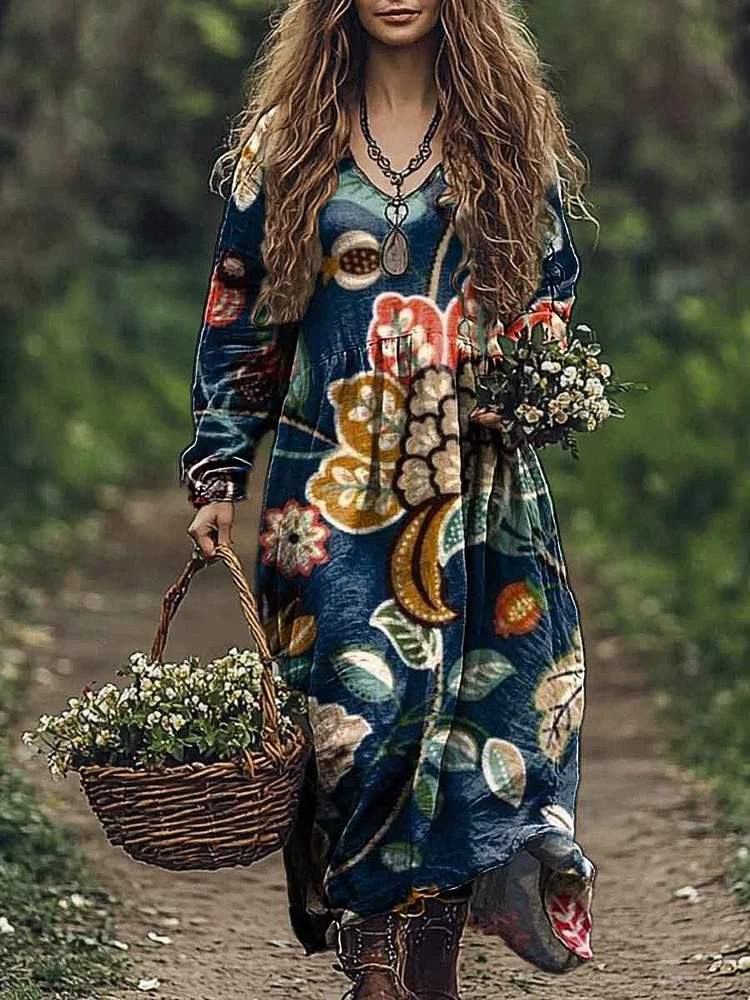 Women's Vintage Floral Art Print Pocket Cotton V Neck Long Sleeve Dress