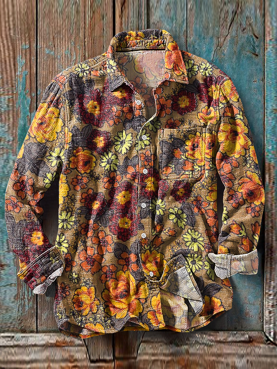 Men's Vintage Retro Colorful Floral Pattern Long Sleeve Pocket Shirt