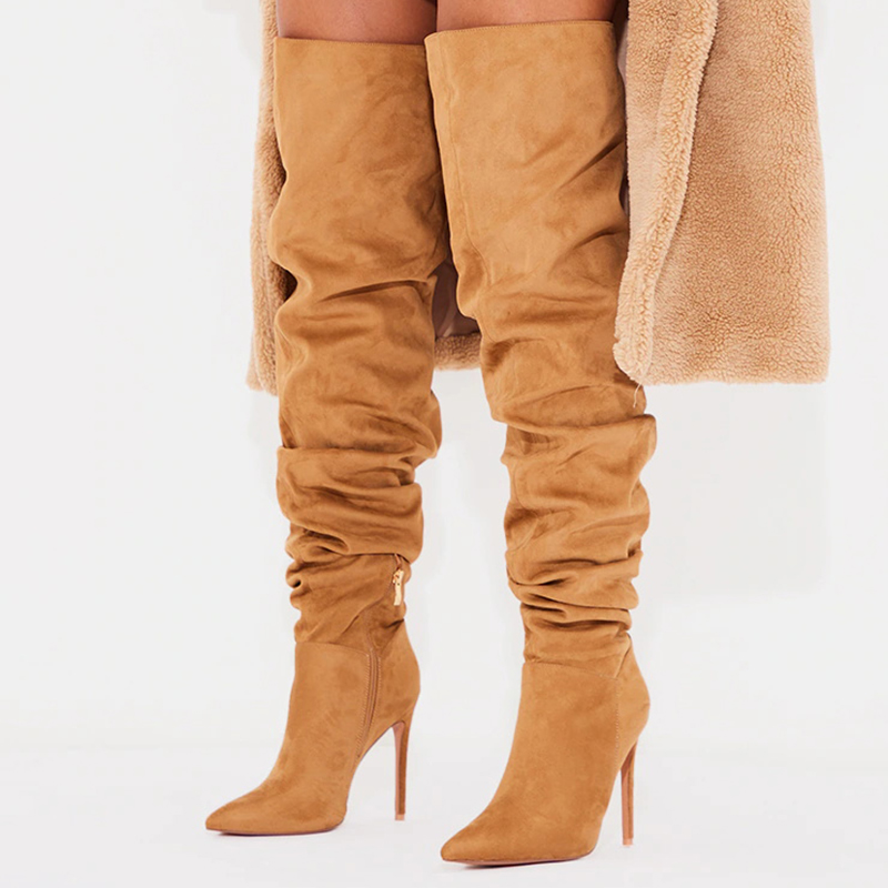 Vegan Suede Pointed Toe Stiletto Heel Slouch Boots in Light Brown