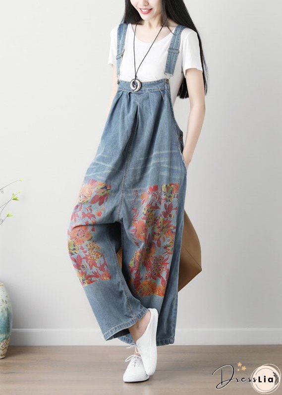 Simple Blue Patchwork Print Wide Leg Carpenter Pants Spring