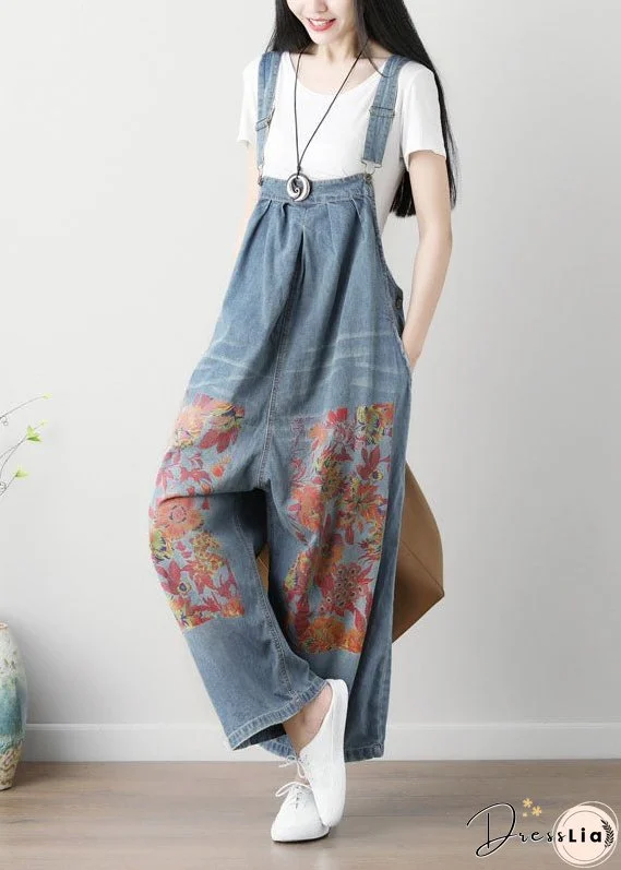 Simple Blue Patchwork Print Wide Leg Carpenter Pants Spring