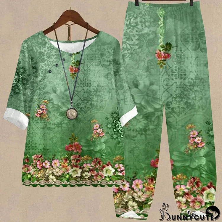 Women's Half Sleeve Scoop Neck Floral Printed Buttons Top & Pockets Design Long Pants Set