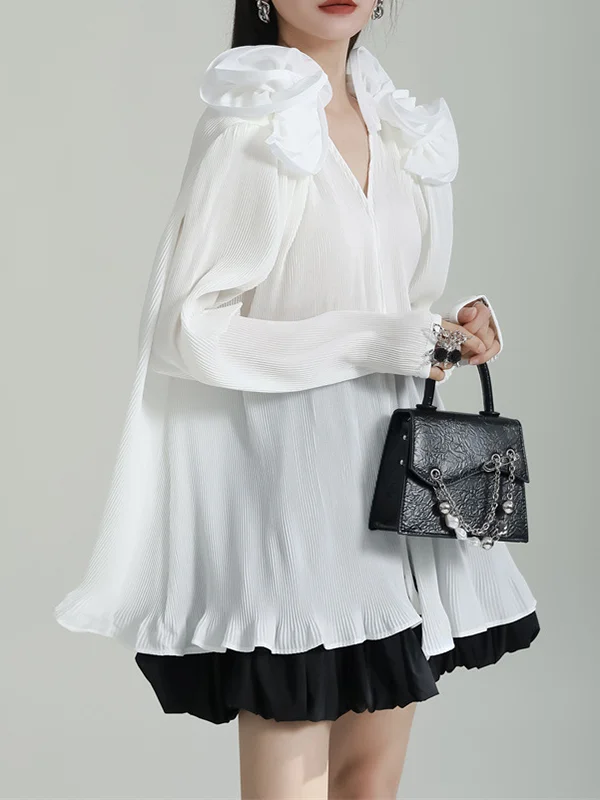 Roomy Long Sleeves Flower-Embellished Pleated Pure Color V-Neck Blouses&Shirts Tops