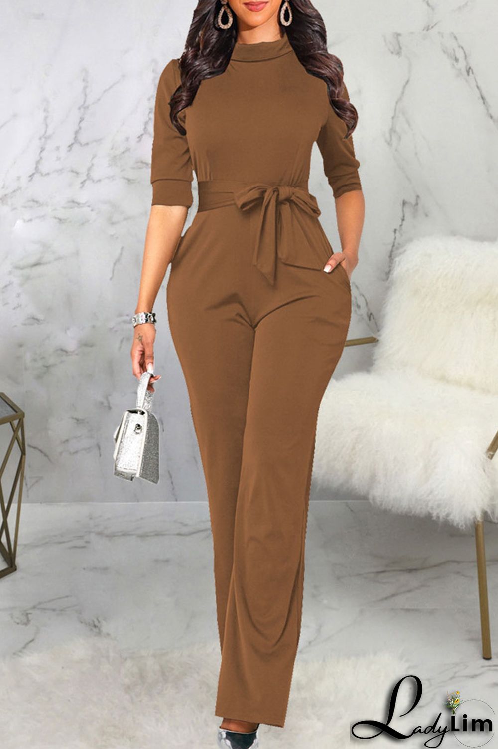 Brown Casual Solid Split Joint With Belt Half A Turtleneck Straight Jumpsuits