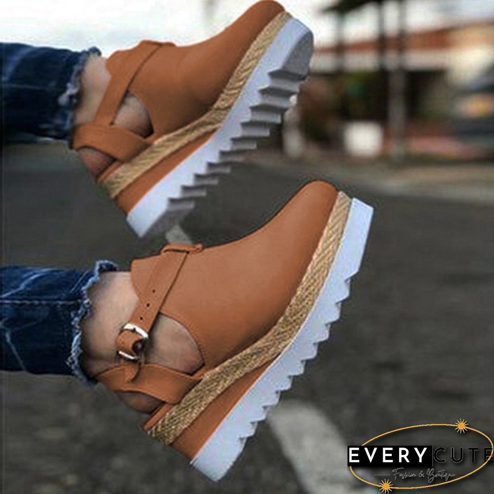 Summer Womens Sweet High Heel Wedge Platform Sandals Metal Button Shoes