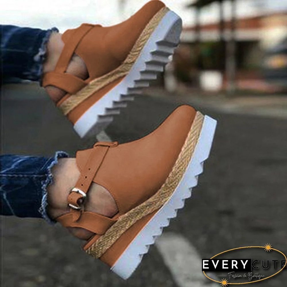 Summer Womens Sweet High Heel Wedge Platform Sandals Metal Button Shoes