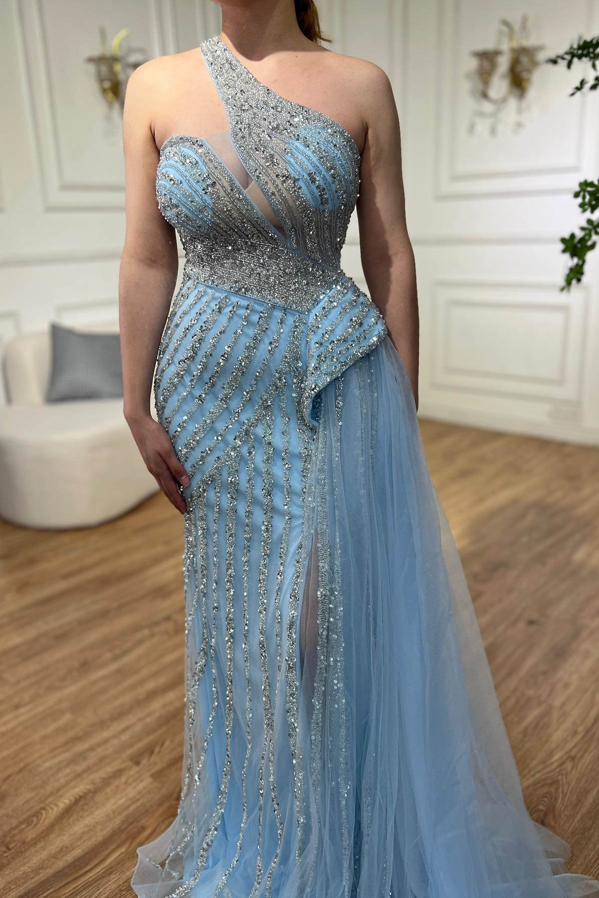 Bellasprom Sky Blue One Shoulder Sleeveless Mermaid Prom Dress With Split Beadings Ruffles Bellasprom