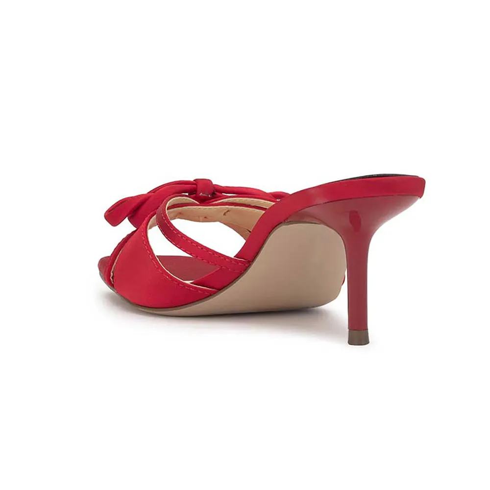 Red Satin Open Square Toe Bow Knot Stiletto Heel Mules Sandals