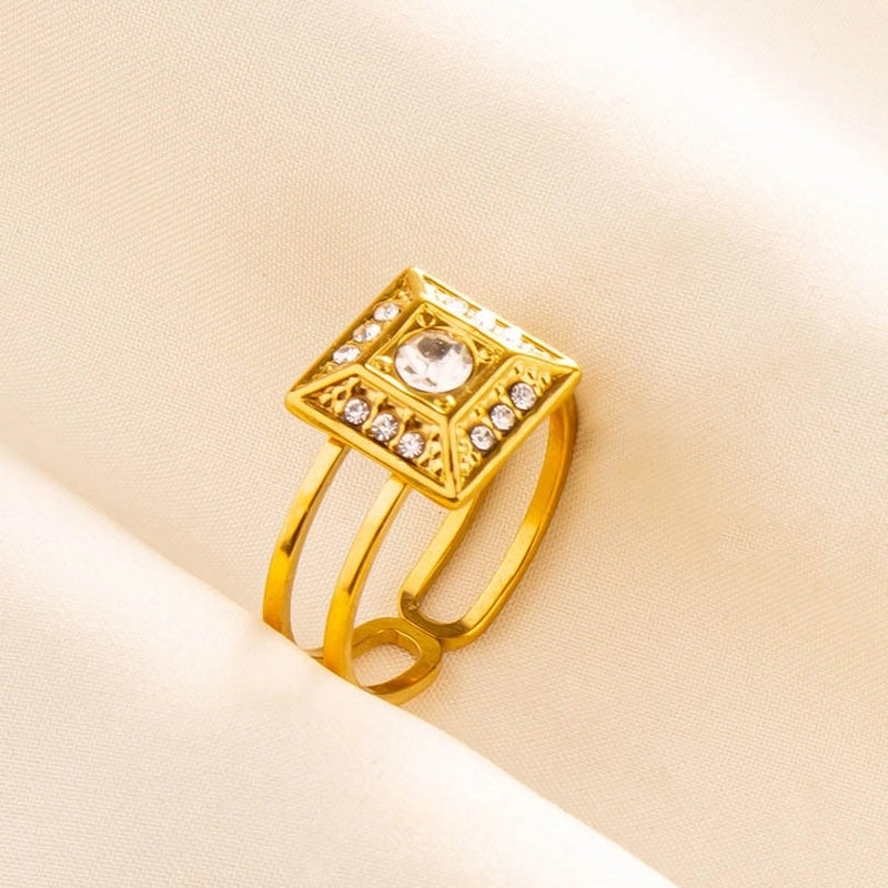 2 Pieces 304 Stainless Steel 18K Gold Plated IG Style Classic Style Inlay Geometric Rhinestones Adjustable Ring
