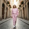 Women's Street Style Crew Neck Tracksuit Two-piece Pink Camo Set by Inlyline