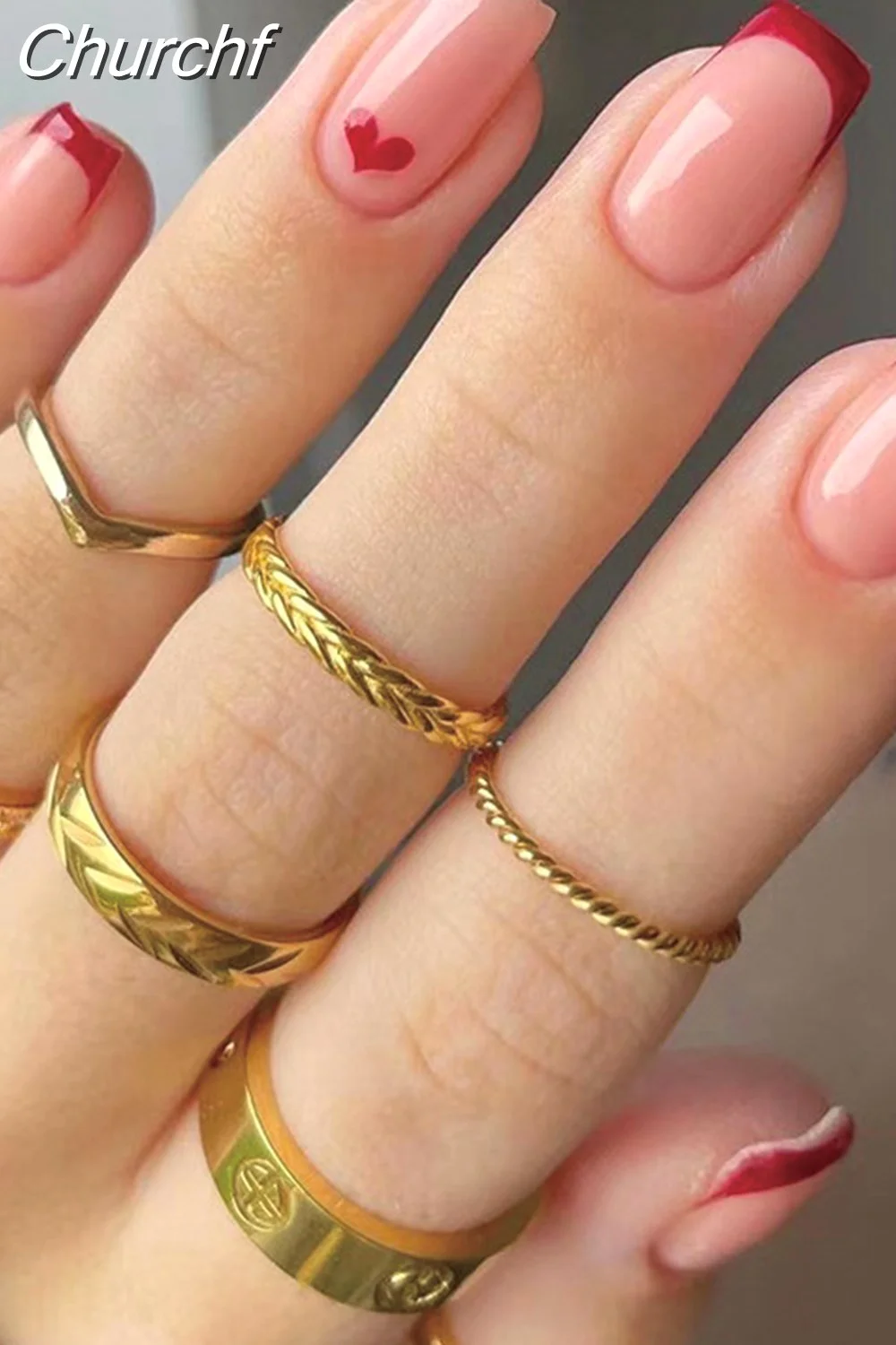 Churchf Wave Line Short Ballet French False Nails With Flower design Square Head Fake Nail Tips Simple Wearable Press On Nails-Nail Inspo