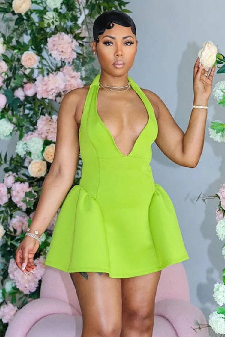 Deep V Halter Backless Solid Party Mini Dresses-Green [Pre Order]