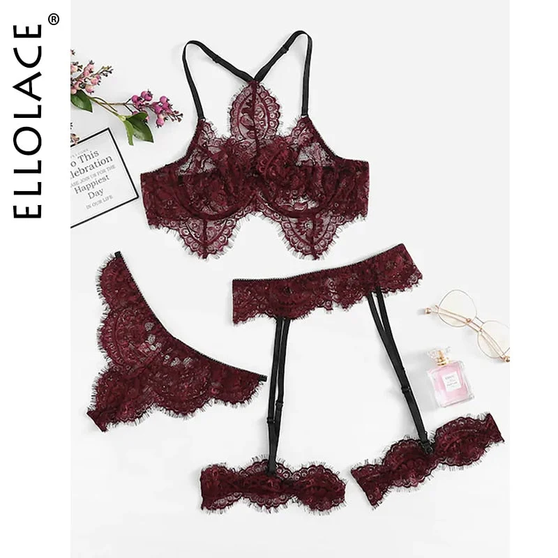 Ellolace Lace Lingerie Transparent Underwear Sexy Brief Sets with Garters Burgundy Short Skin Care Kits Mesh Bilizna Set