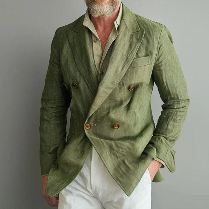 Cotton And Linen Olive Green Double-Breasted Lapel Blazer