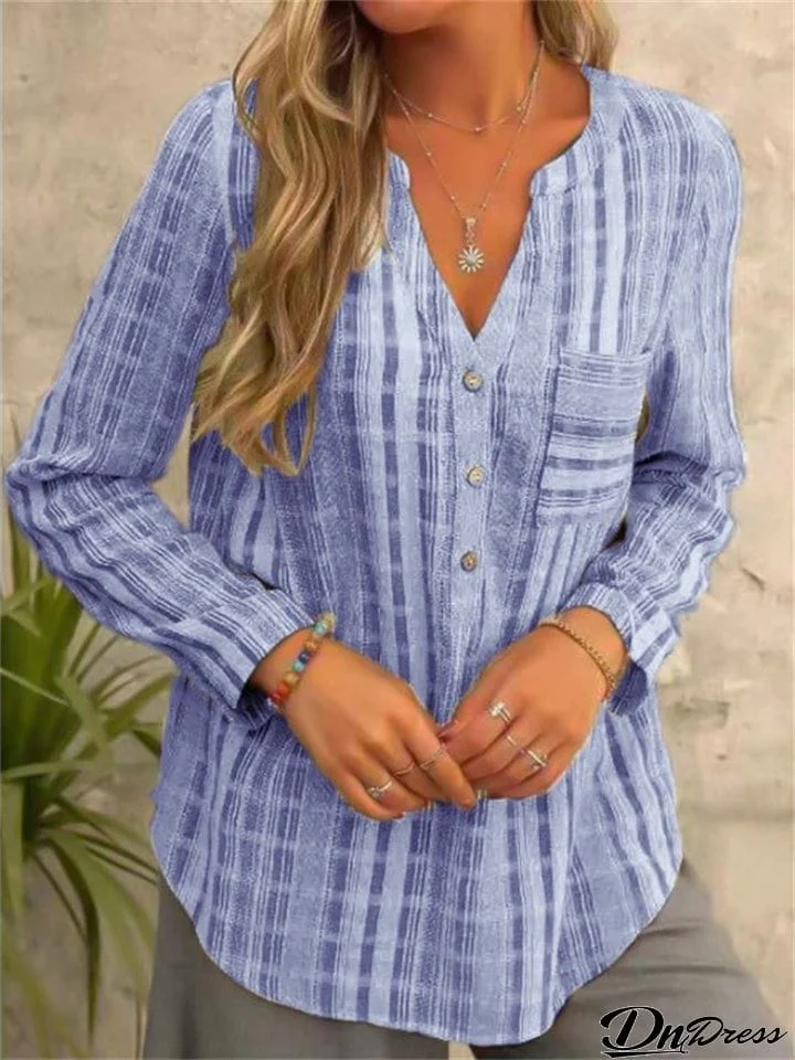 Spring Casual Vertical Stripe V Neck Long Sleeve Loose Female Shirts