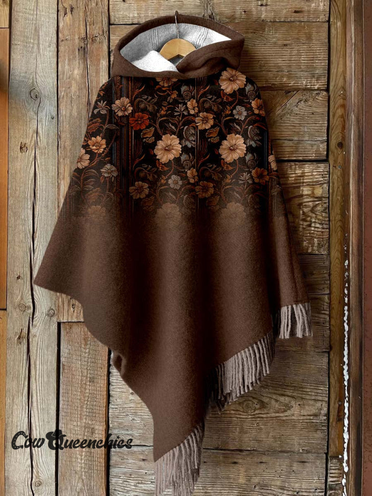 Women’s Brown Print Casual Knitted Blanket Poncho Hood Cape Multicolor / Onesize