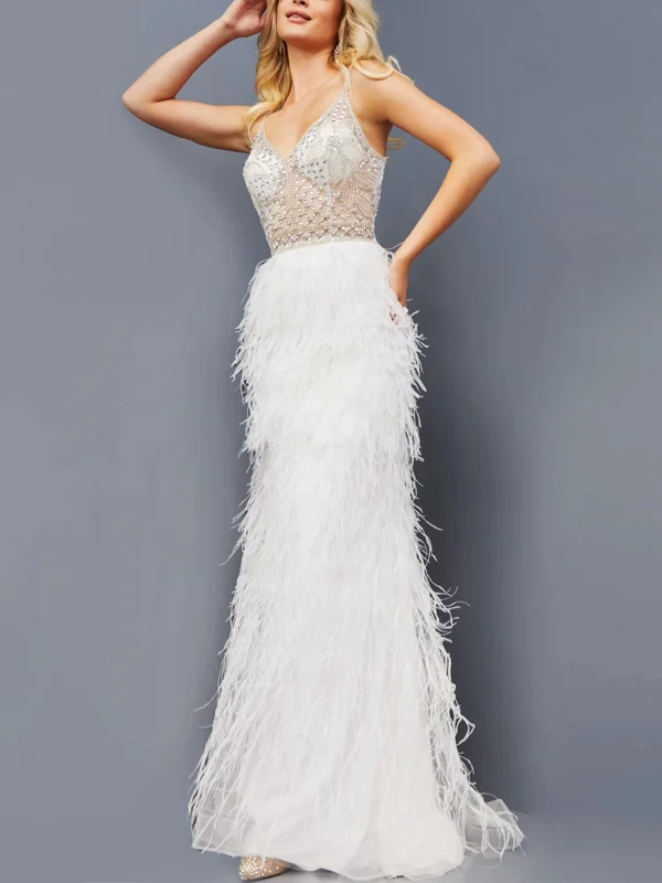 Pure Color Sequined Feather Suspenders Maxi Dress