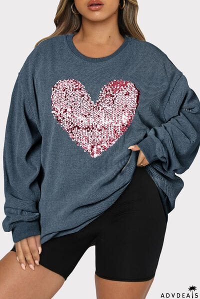 Plus Size Heart Sequin Round Neck Sweatshirt
