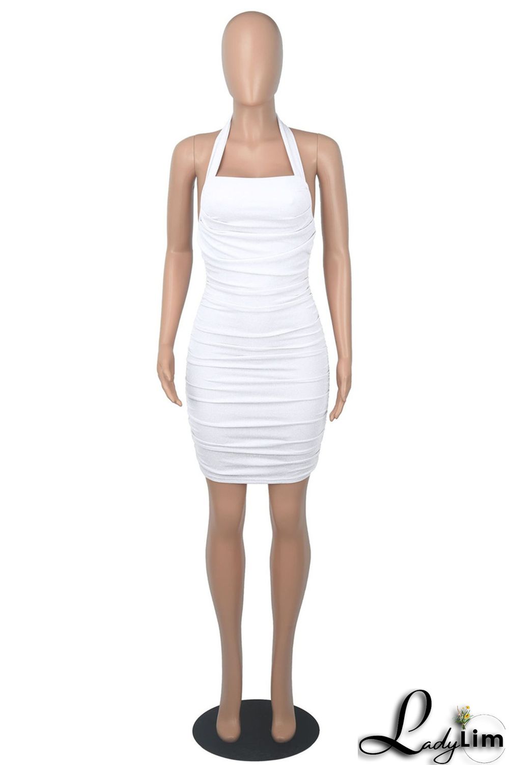 White Fashion Sexy Solid Backless Fold Halter Sleeveless Dress