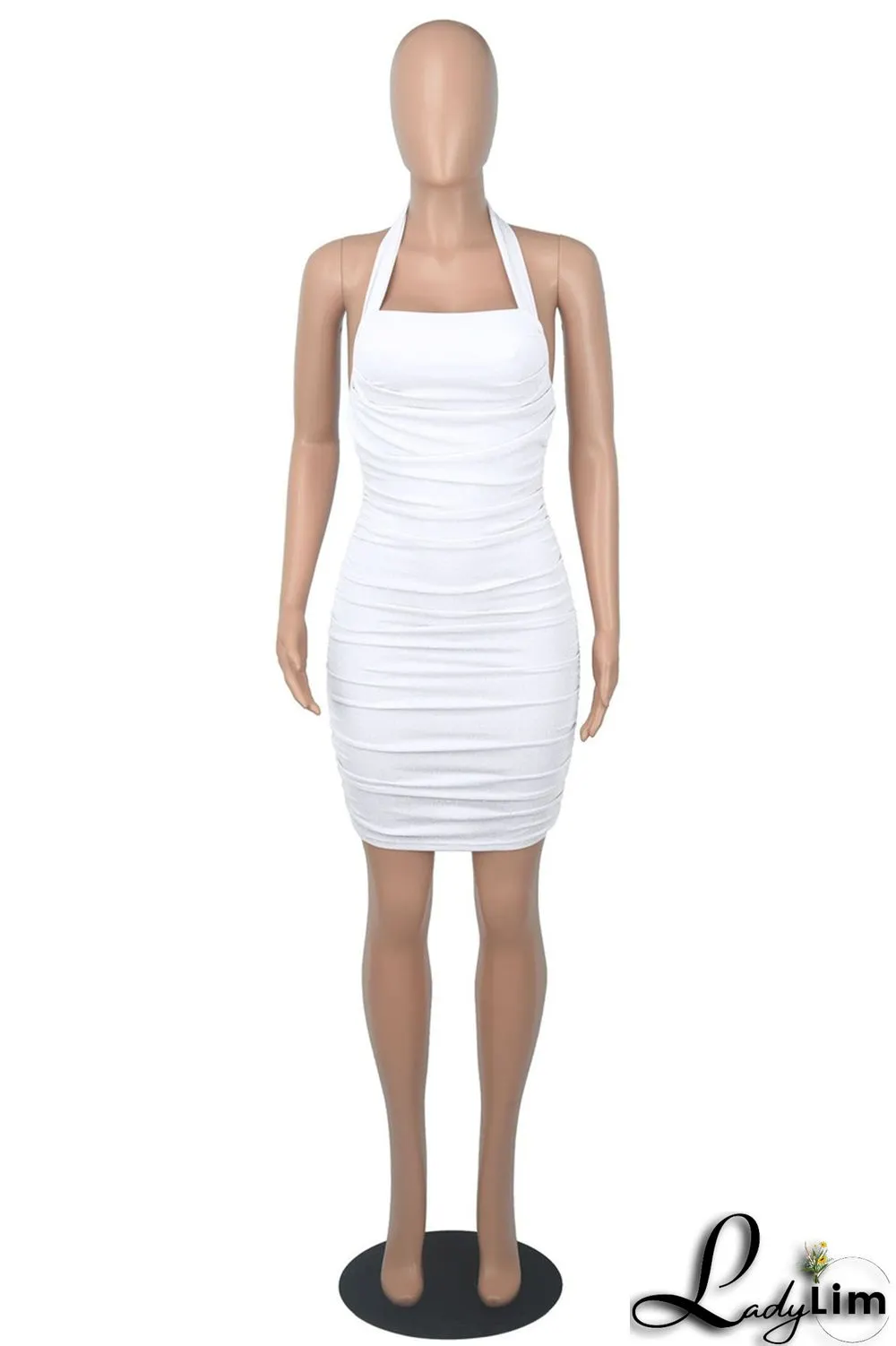White Fashion Sexy Solid Backless Fold Halter Sleeveless Dress