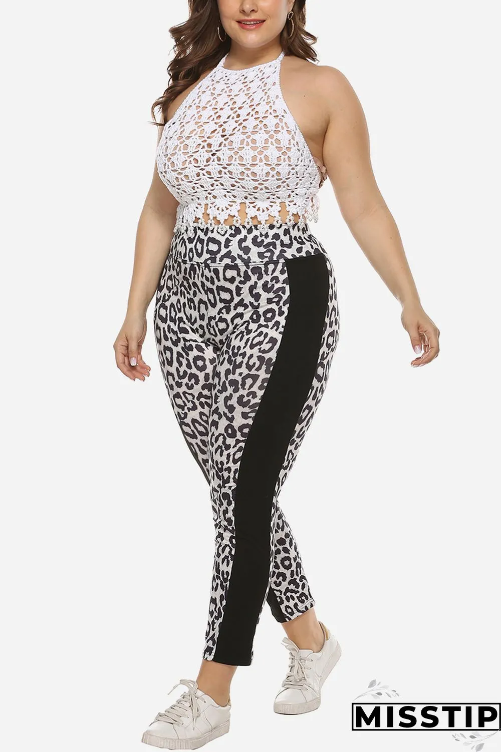 Leopard Fashion Casual Patchwork Leopard Plus Size Trousers