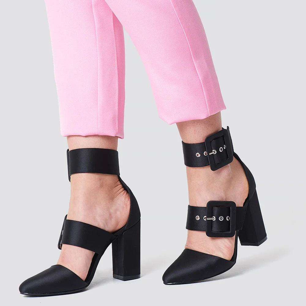 YDN Stylish Black Satin Almond Toe Buckle Strap Chunky Heels