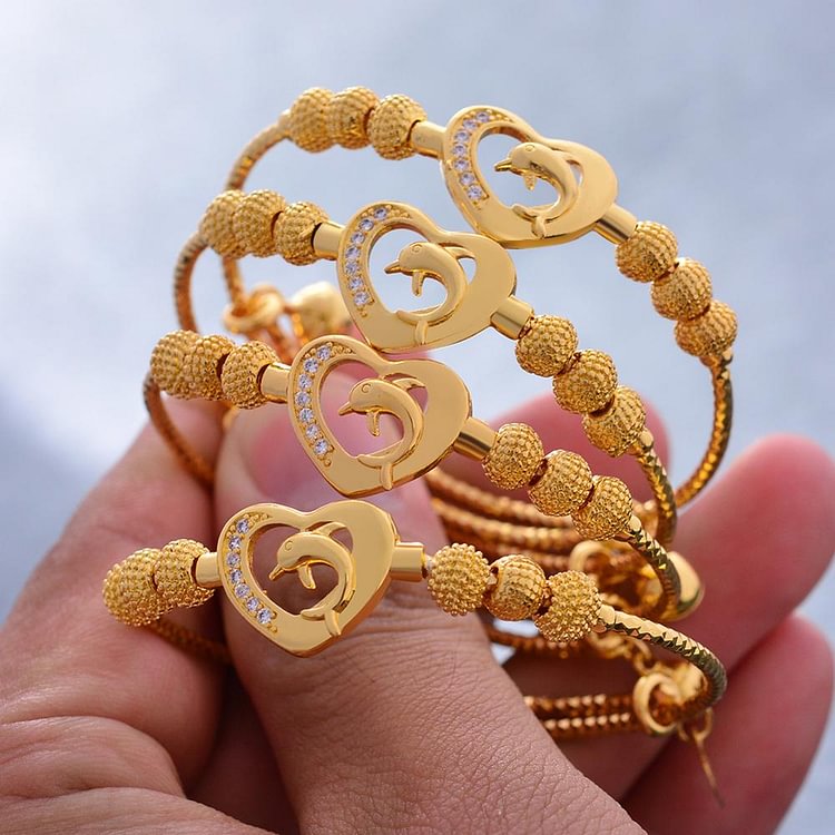 4Pcs Dolphins Baby Bead Bangles for Baby  Girl Gold Color Dubai Bride Wedding Bracelet