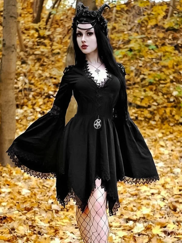 Gothic V Neck Long Bell Sleeve Lace Paneled Asymmetrical Tight Waist ...