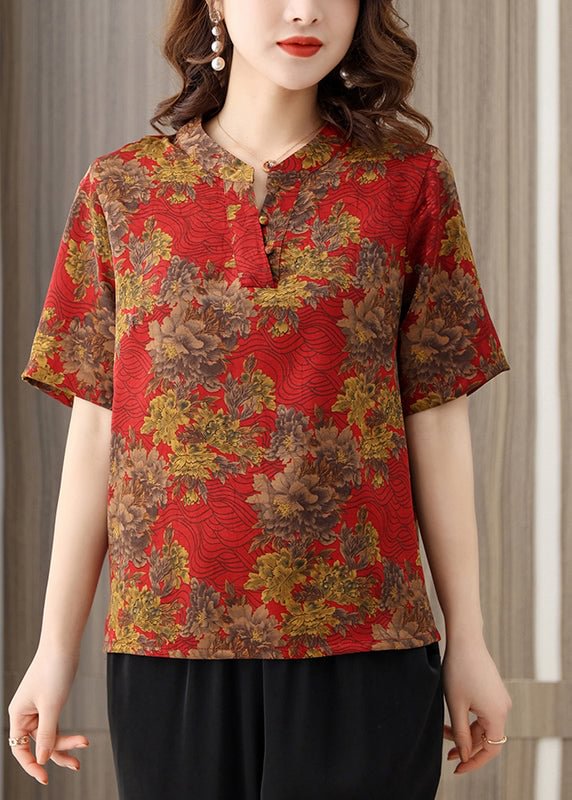 Elegant Red O-Neck Print Top Quality Silk Shirts Short Sleeve
