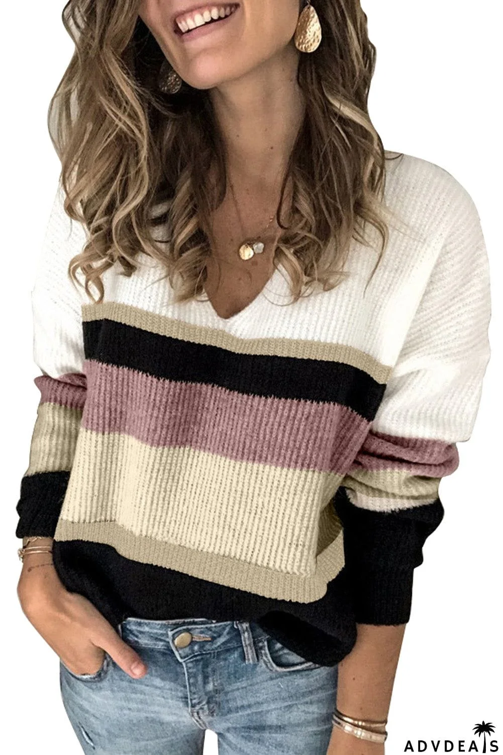 Khaki Colorblock V Neck Ribbed Knitted Sweater