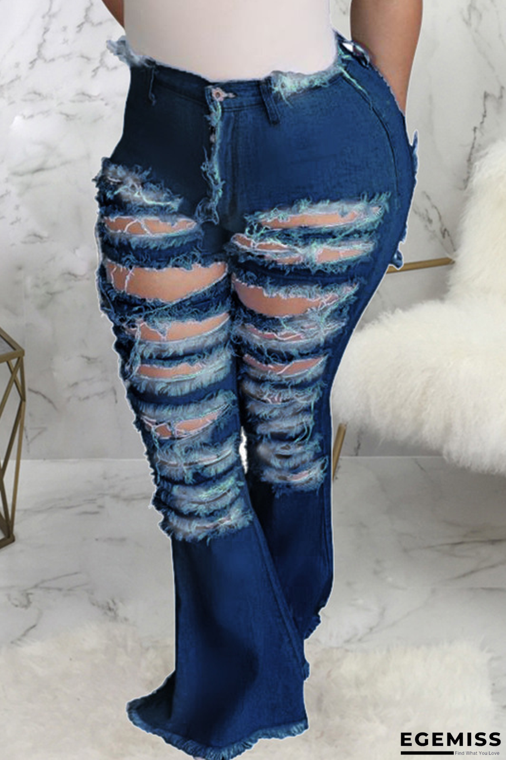 Dark Blue Sexy Solid Ripped Mid Waist Boot Cut Denim Jeans | EGEMISS