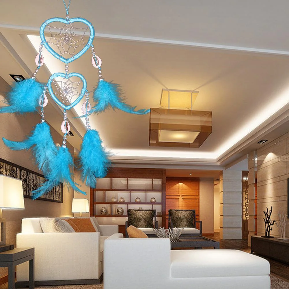 2 Circle Heart Shape Handmade Dream Catcher with Feathers Decor Craft Blue
