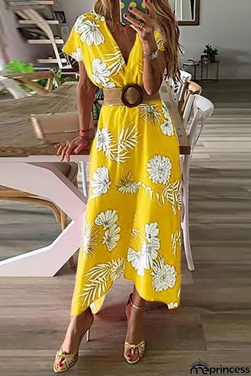 Floral Print V Neck Dress With Belt