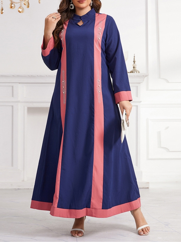 Elegant Round Neck Loose Casual Contrast Color Hot Diamond Dress | Oxredo Shop Ramadan Sale