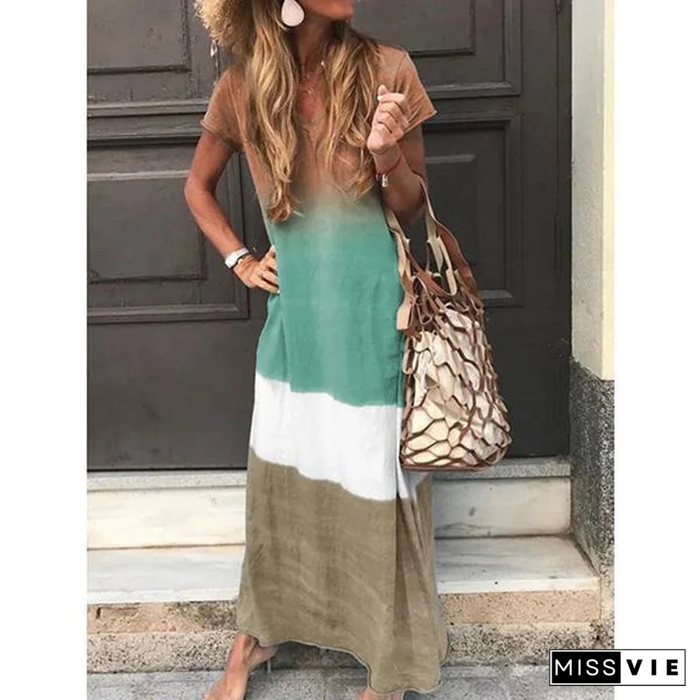 Casual Four-Color Gradient V-Neck Short-Sleeved Dress