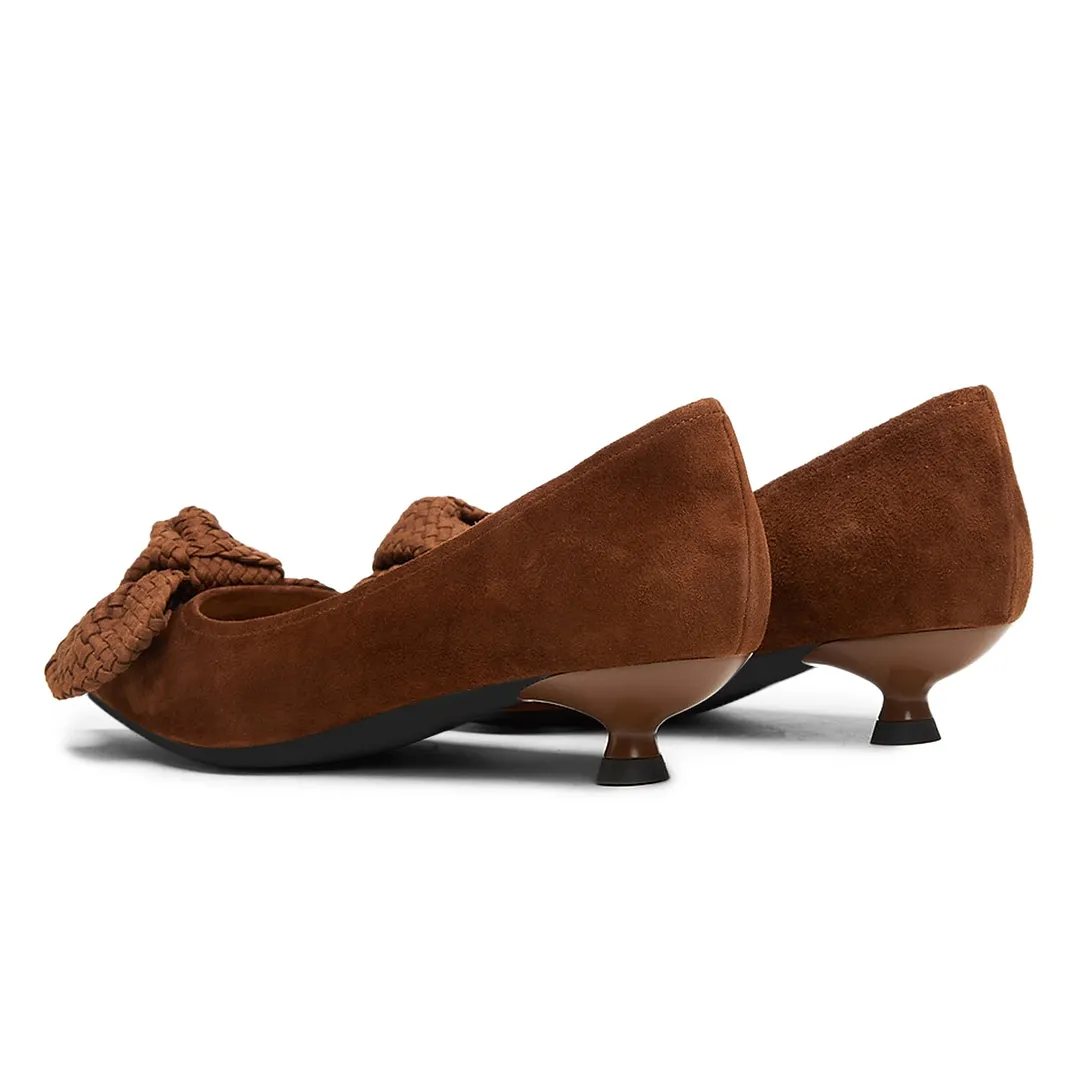 Classic Brown Vegan Suede Pointed Toe Woven Bow Kitten Heel Pumps
