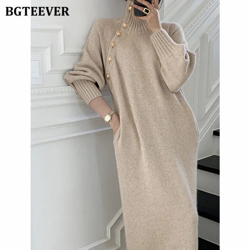 BGTEEVER Vintage Turtleneck Buttons Women Dress 2021 Autumn Winter Ladies Vestidos Full Sleeve Lace-up Female Sweater Dress