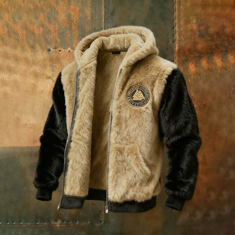Men's Vintage Viking Symbolic Art Color Blocked Plush Warm Zipped Hooded Jacket elevenforest