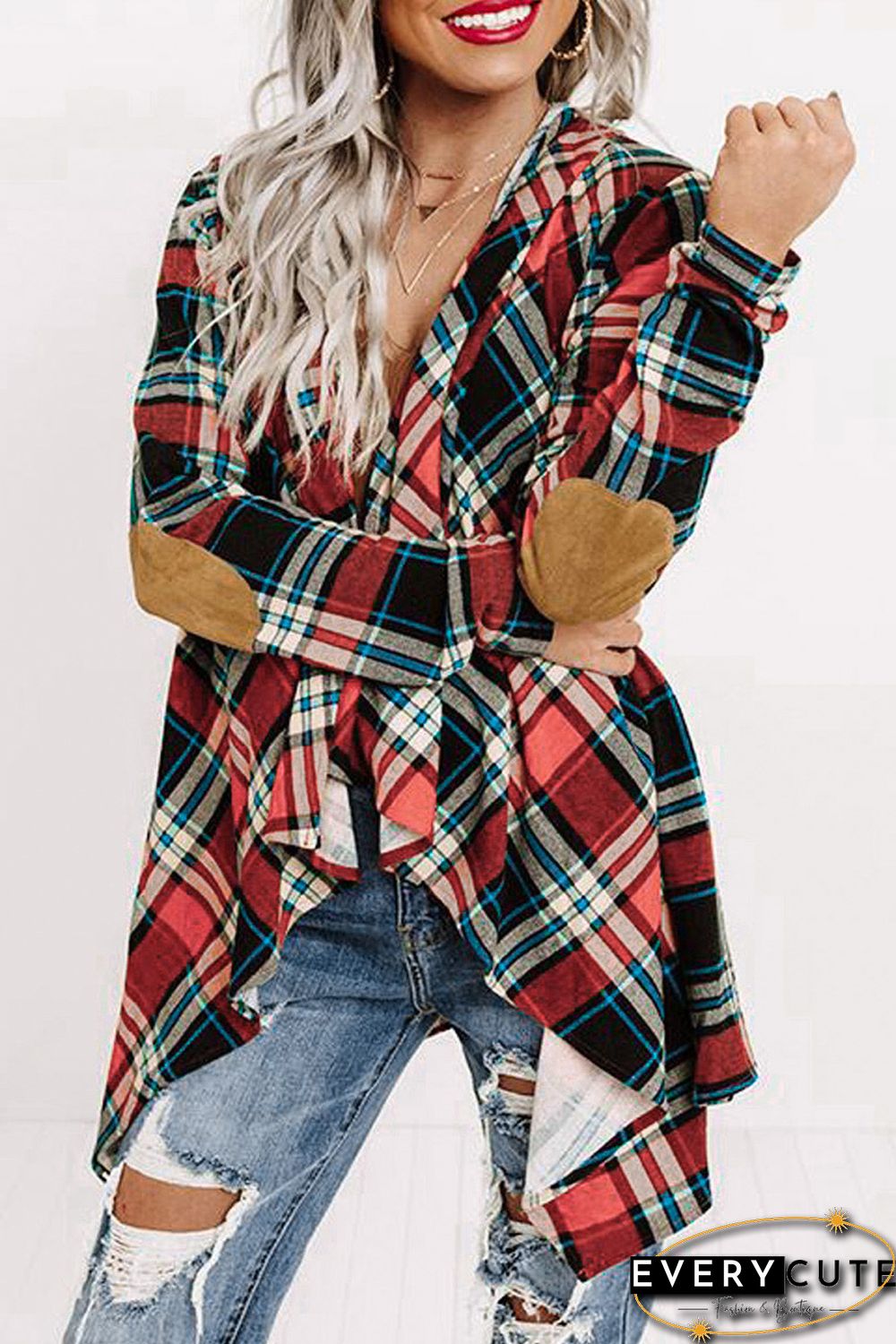 Suede Elbow Patch Hooded Plaid Cardigan