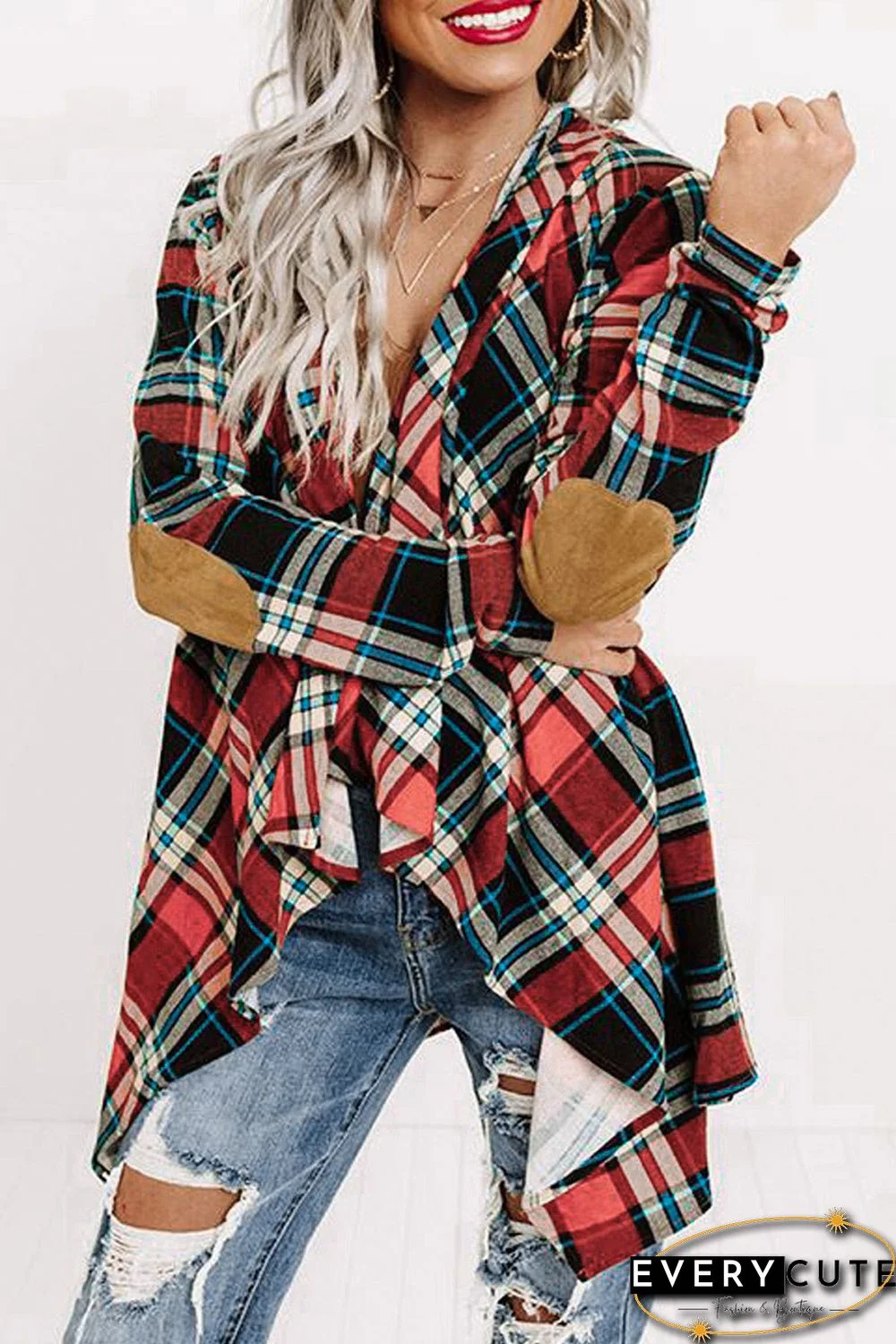 Suede Elbow Patch Hooded Plaid Cardigan