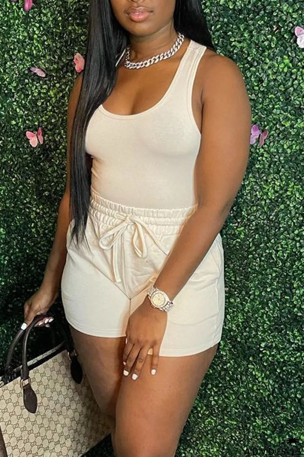 Orange Pink Casual Solid Split Joint U Neck Sleeveless Two Pieces