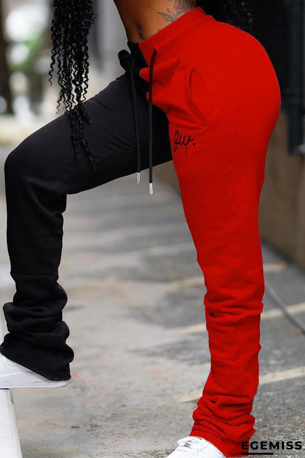 Black Red Casual Patchwork Contrast Regular High Waist Trousers | EGEMISS