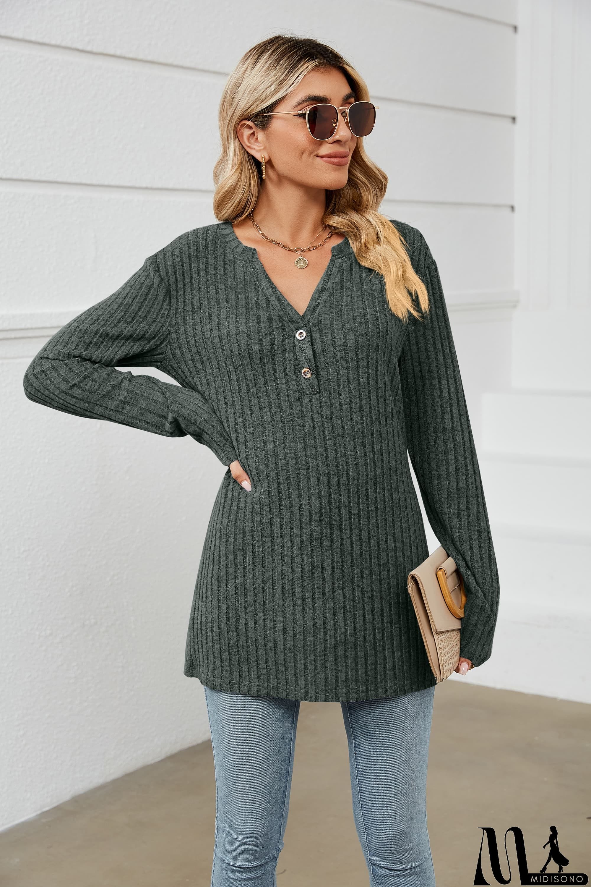 MidiSono - Notched Neck Ribbed Long Sleeve T-Shirt