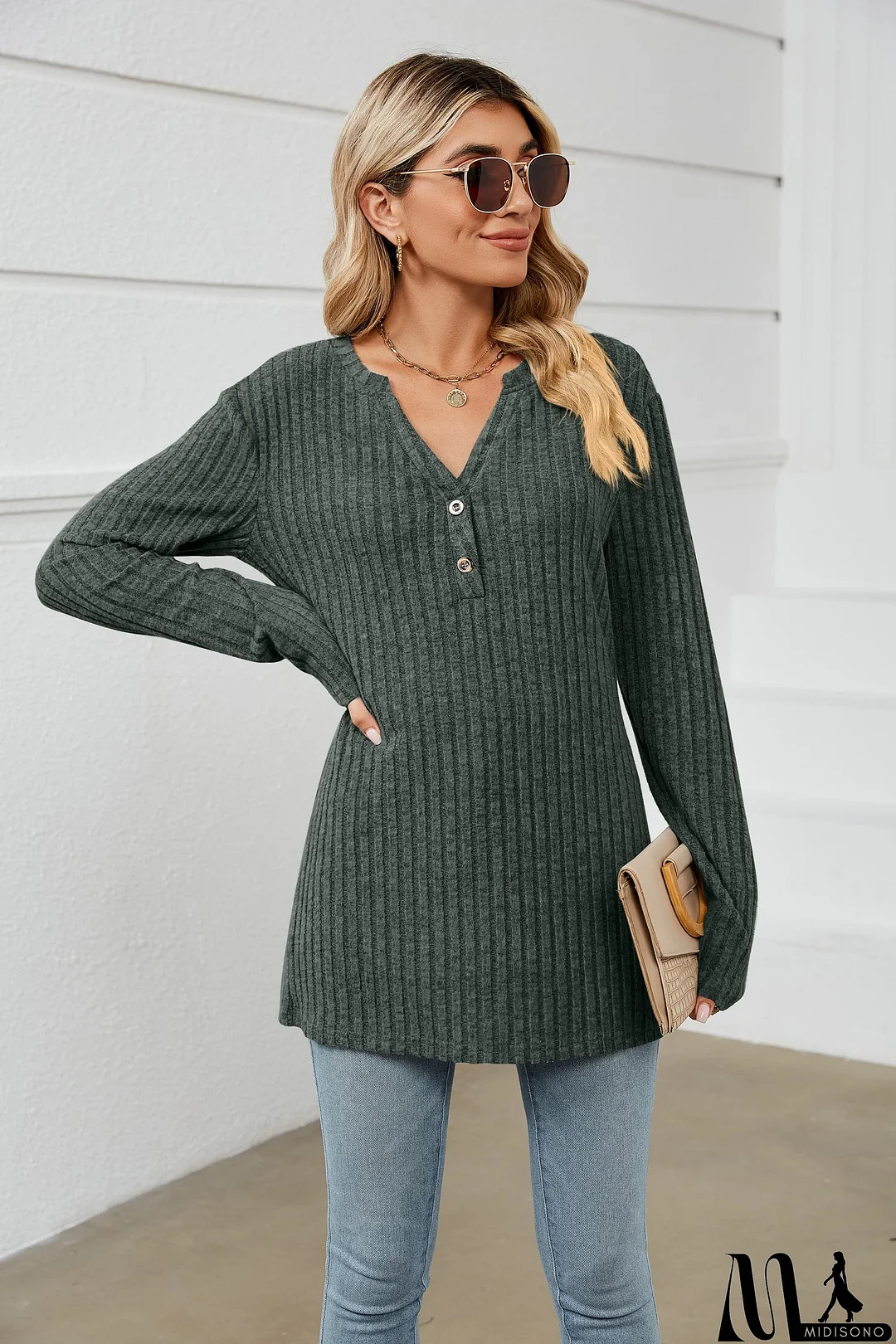 MidiSono - Notched Neck Ribbed Long Sleeve T-Shirt