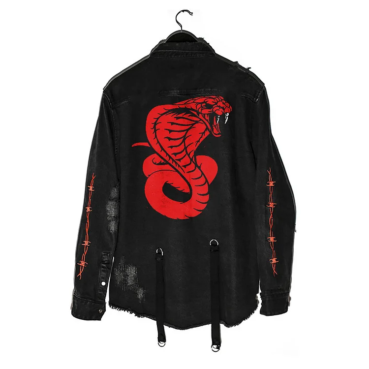 Streetwear Vintage Gothic Embroidery Skull Snake Men's Black Denim Jackets at Hiphopee