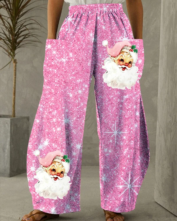 Women's Pink Christmas Santa Print Loose Pants-nanadresses
